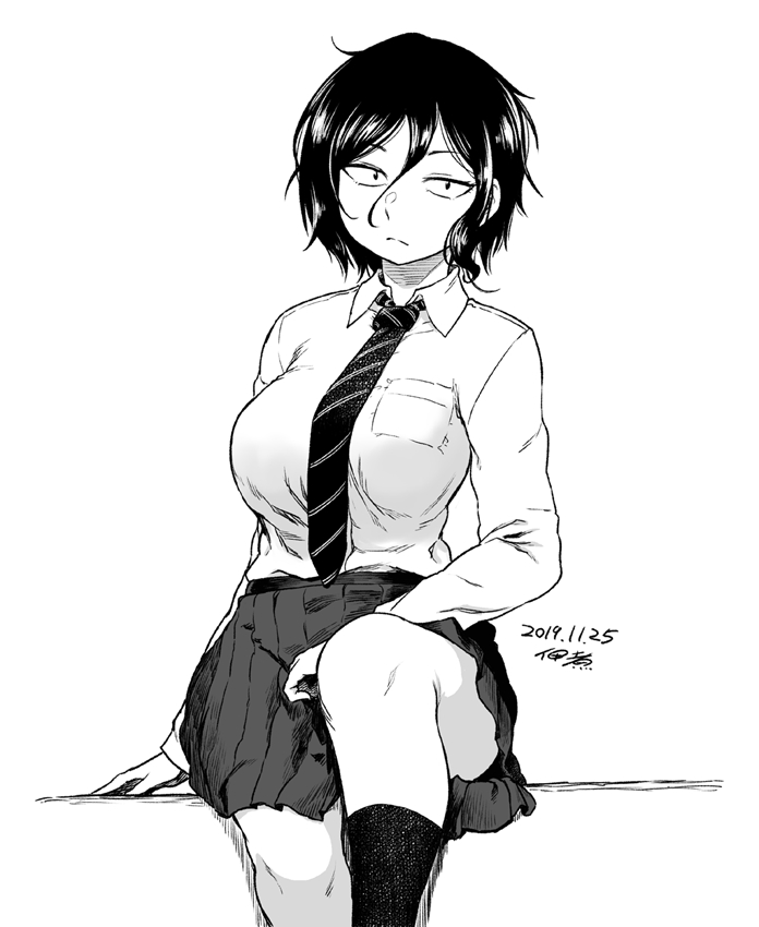 1girl, :<, asai_akira, breasts, commentary_request, constricted_pupils, dated, high_contrast, large_breasts, leg_up, looking_at_viewer, messy_hair, monochrome, necktie, pleated_skirt, signature, sitting, skirt, socks, solo, tsukudani_(coke-buta), yofukashi_no_uta