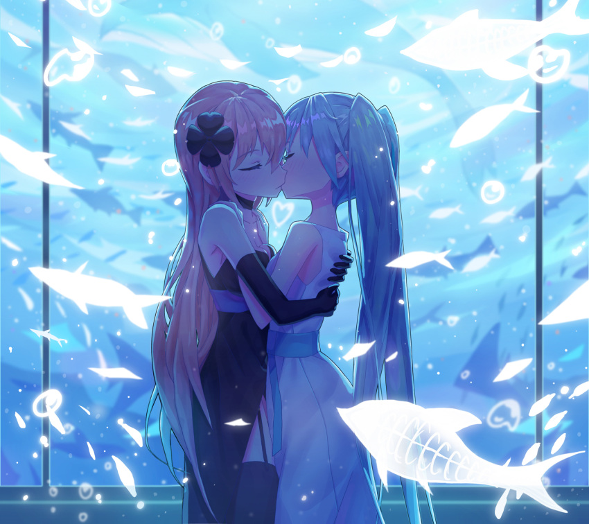 2girls, aquarium, arms_around_back, black_dress, black_gloves, blue_hair, closed_eyes, collar, commentary, cowboy_shot, dress, elbow_gloves, english_commentary, flying_fish, gloves, glowing, hair_ornament, hands_on_another's_shoulders, hatsune_miku, highres, kiss, light_blush, long_hair, megurine_luka, multiple_girls, mutual_hug, neriw, pink_hair, strapless, strapless_dress, twintails, very_long_hair, vocaloid, white_dress, yuri