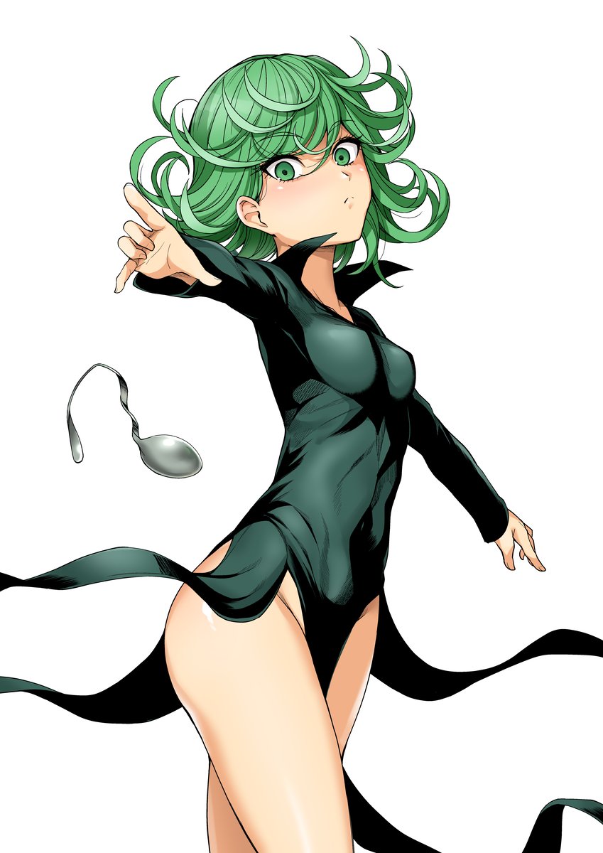 1girl, bent_spoon, black_dress, breasts, cowboy_shot, curly_hair, dress, flipped_hair, floating, green_eyes, green_hair, haruhisky, highres, levitation, one-punch_man, side_slit, simple_background, small_breasts, solo, spoon, spoon_bending, standing, tatsumaki, telekinesis, white_background