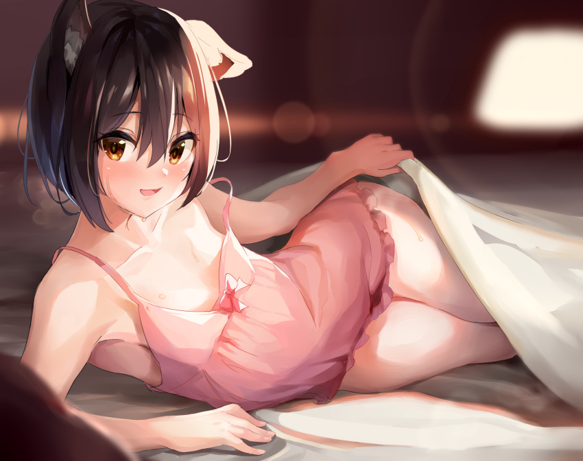 1girl, animal_ear_fluff, animal_ears, bangs, bare_arms, bare_shoulders, black_hair, blurry