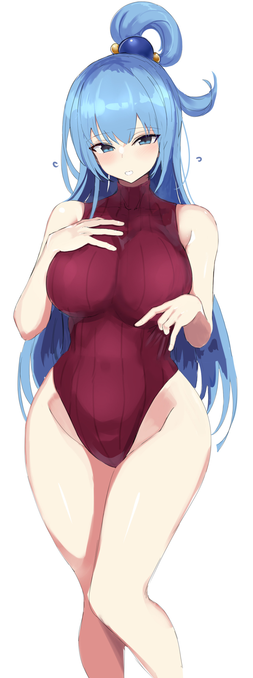 1girl, absurdres, aqua_(konosuba), blue_eyes, blue_hair, breasts, commentary_request, cowboy_shot