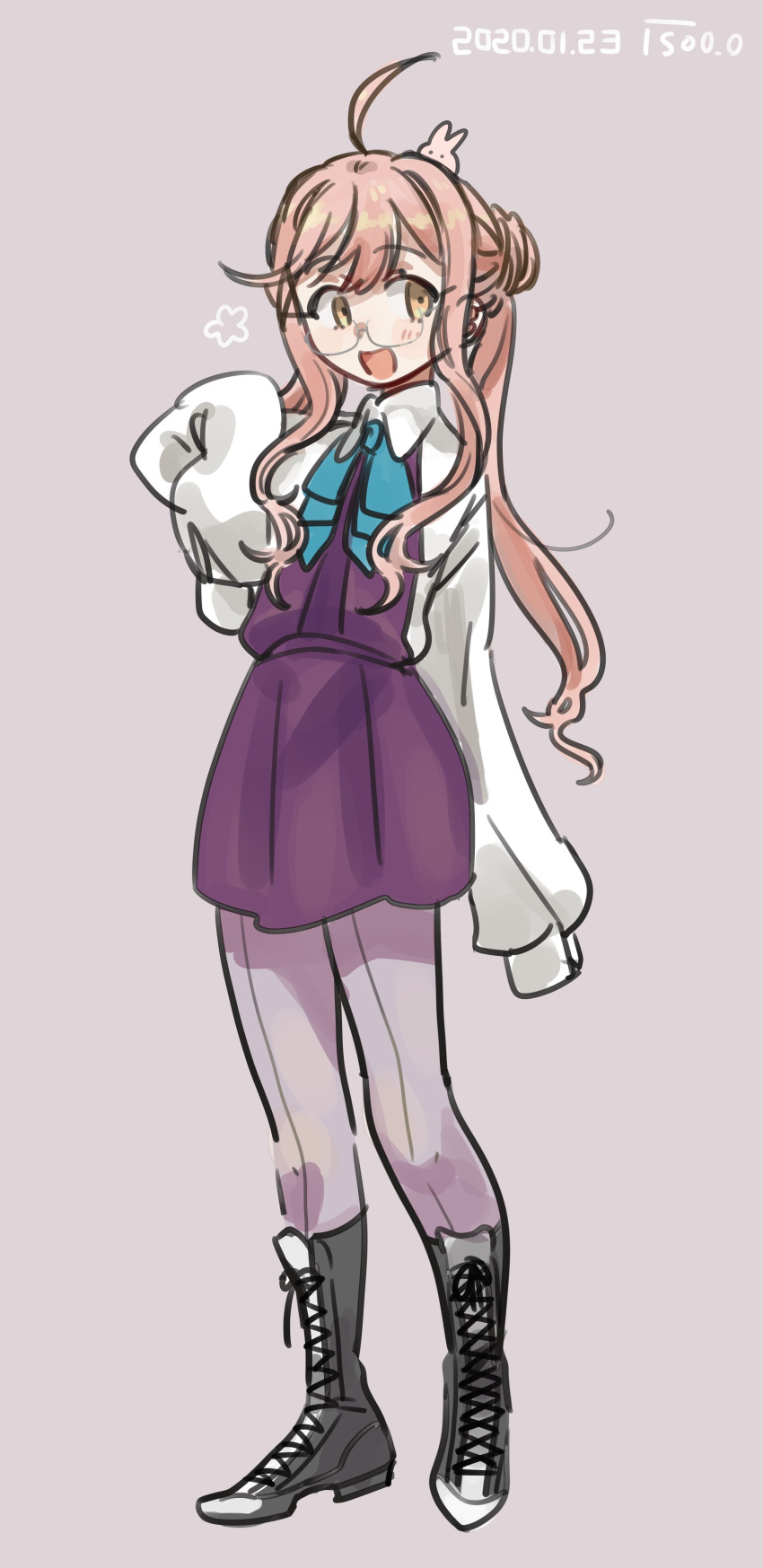 1girl, absurdres, animal, animal_on_head, boots, bow, bowtie, bunny_on_head