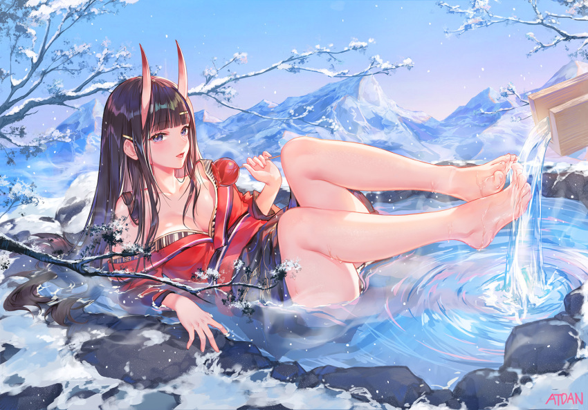 1girl, artist_name, atdan, azur_lane, barefoot, black_hair, blue_eyes, breasts