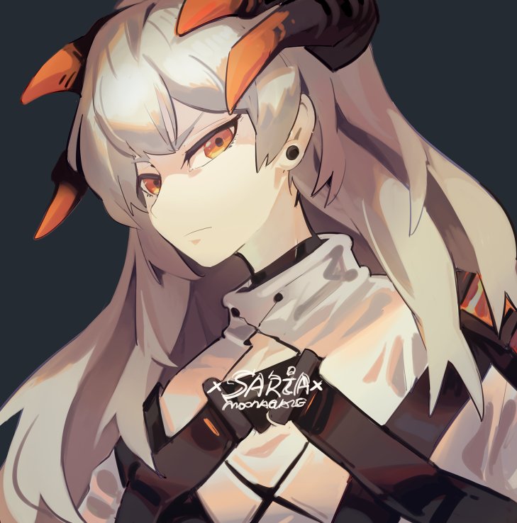 1girl, arknights, bangs, character_name, dark_background, dragon_horns, earrings, eyebrows, eyelashes, frown, horns, jewelry, long_hair, looking_at_viewer, moonagvaze, narrowed_eyes, orange_eyes, pale_skin, platinum_blonde_hair, saria_(arknights), shirt, solo, strap, turtleneck, white_shirt