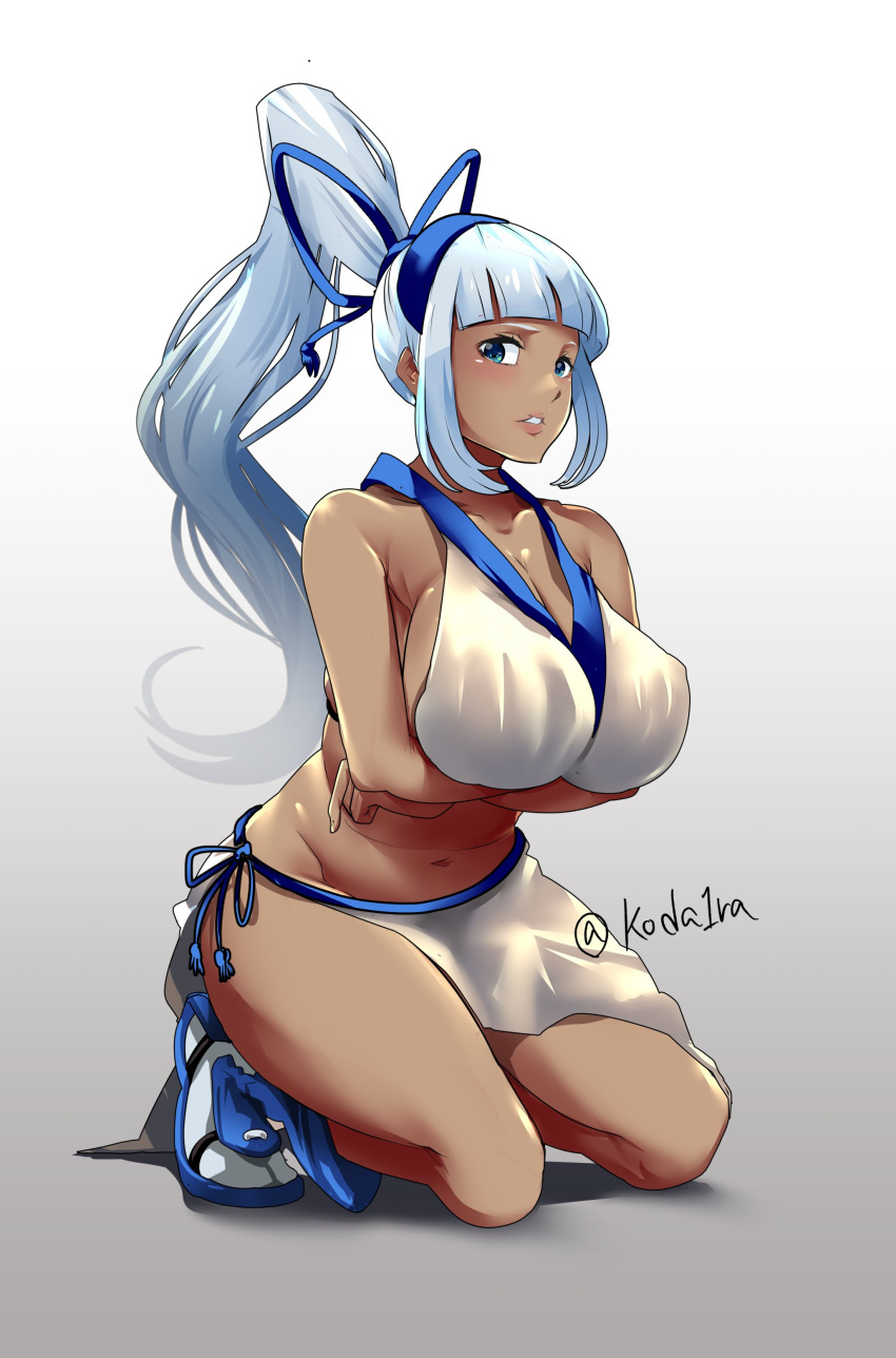 1girl, absurdres, bangs, blue_eyes, blunt_bangs, breast_hold, breasts, dark_skin