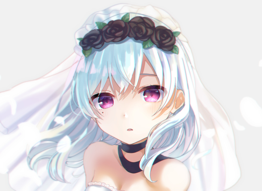 1girl, absurdres, bangs, bare_shoulders, black_choker, blue_hair, breasts, bridal_veil