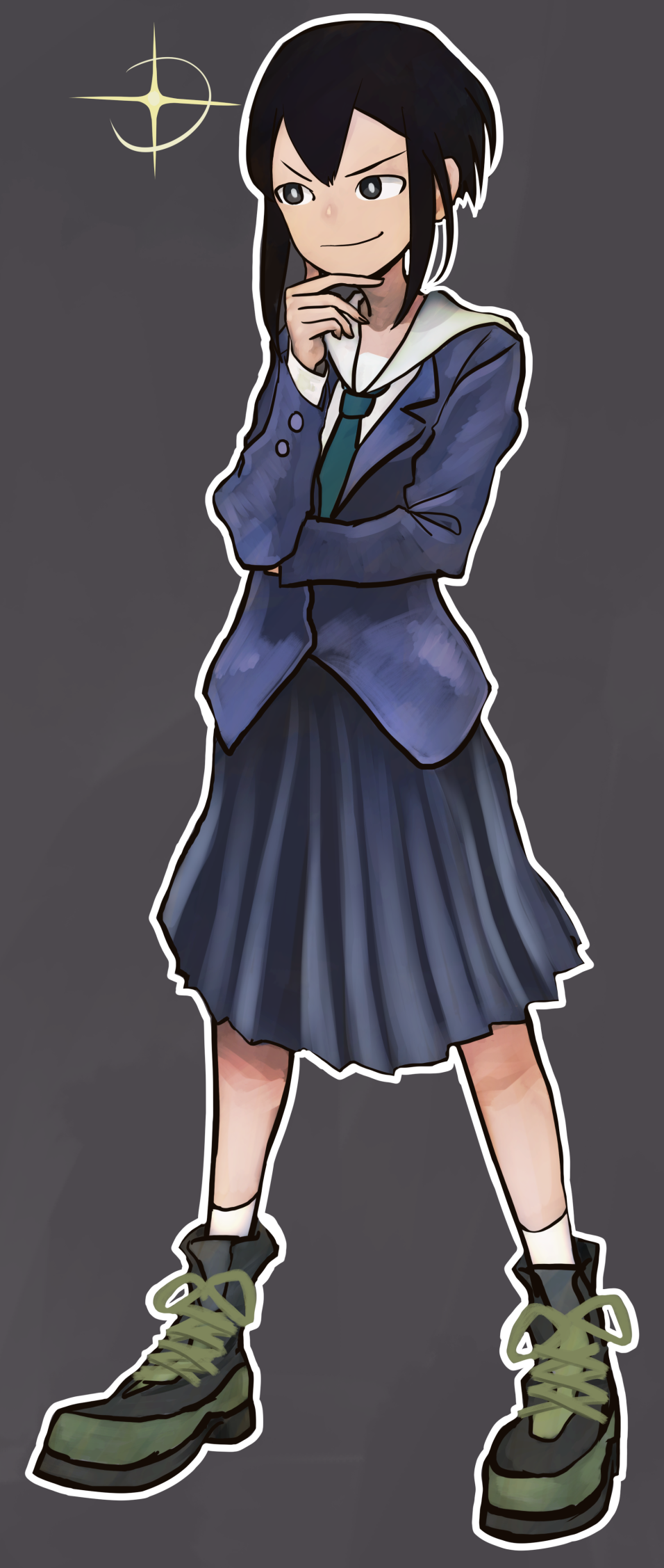 1girl, asakusa_midori, black_eyes, black_hair, blue_skirt, eizouken_ni_wa_te_wo_dasu_na!, full_body, fuugetsu_(sanmunyudai), grey_background, hand_on_own_chin, highres, long_sleeves, school_uniform, shoes, short_hair, simple_background, skirt, smirk, sneakers, solo, standing