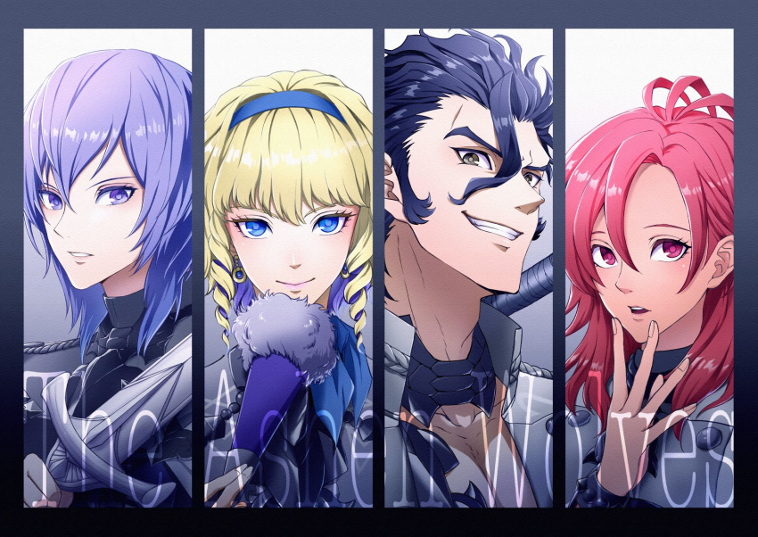 2boys, 2girls, balthus_(fire_emblem), black_hair, blonde_hair, blue_eyes, blue_hairband, brown_eyes, closed_mouth, constance_(fire_emblem), dark_skin, earrings, fan, fire_emblem, fire_emblem:_three_houses, garreg_mach_monastery_uniform, grin, hairband, hapi_(fire_emblem), highres, holding, holding_sword, holding_weapon, jewelry, multicolored_hair, multiple_boys, multiple_girls, parted_lips, purple_hair, red_eyes, redhead, short_hair, smile, su-gu-ru, sword, uniform, upper_body, violet_eyes, weapon, yuri_(fire_emblem)