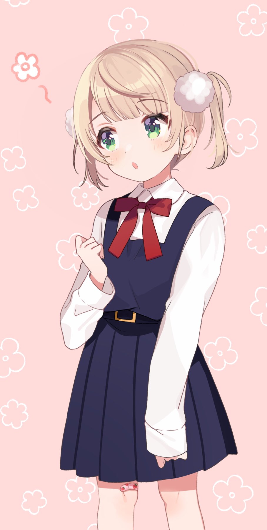 1girl, bandaid, bandaid_on_knee, bangs, blue_dress, blunt_bangs, blush, bow