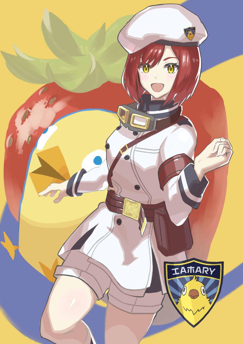 1girl, :d, acco_(kouya_no_kotobuki_hikoutai), belt, bird, blush, food, fruit