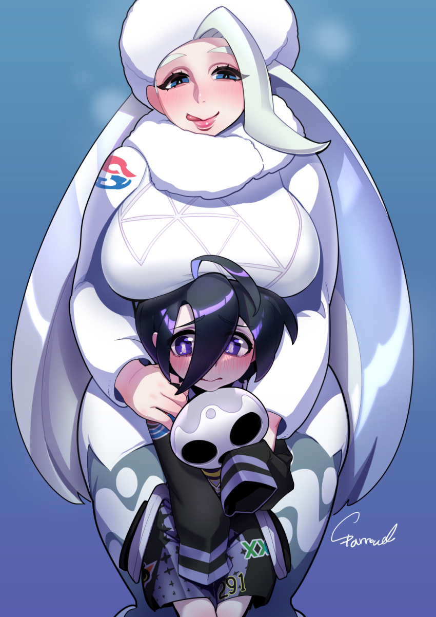 age_difference, ahoge, black_hair, blue_background, blue_eyes, blush, breast_rest, breasts