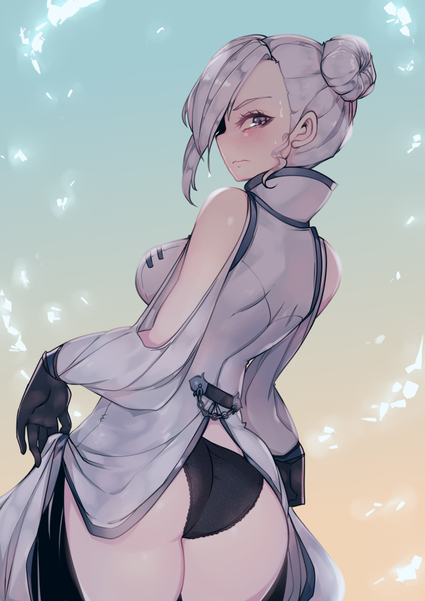 1girl, 3:, absurdres, ass, asymmetrical_bangs, bangs, black_gloves, black_panties
