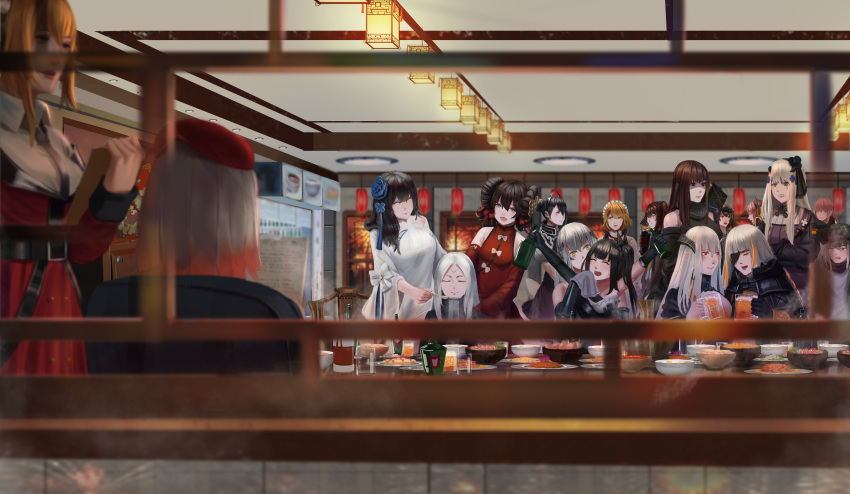 404_(girls_frontline), 6+girls, absurdres, agent_(girls_frontline), alcohol, architect_(girls_frontline), artist_request, beak_(girls_frontline)