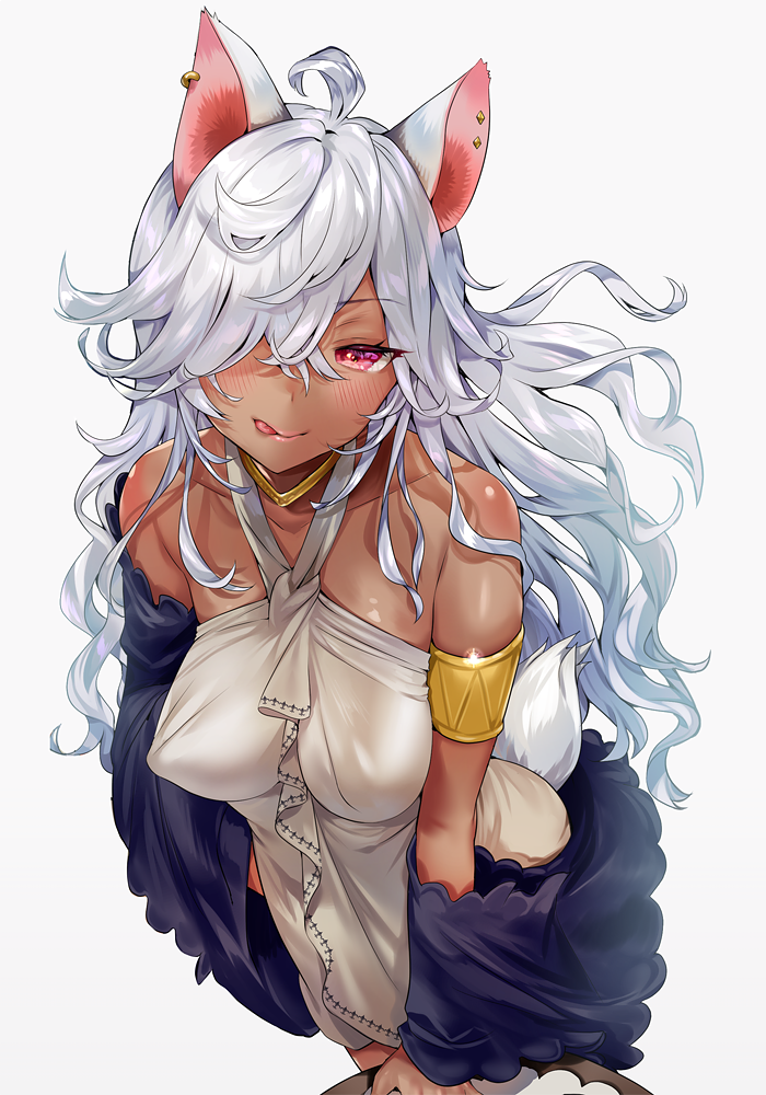 1girl, :q, ahoge, animal_ear_fluff, animal_ears, bangs, bare_shoulders, blush