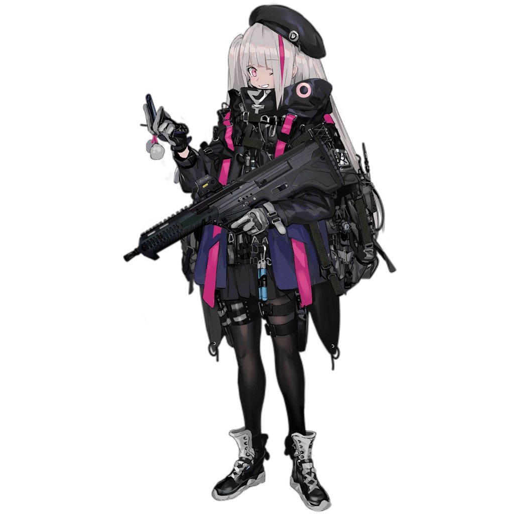 1girl, assault_rifle, belt_pouch, beret, cellphone, desert_tech_mdr, girls_frontline, gloves
