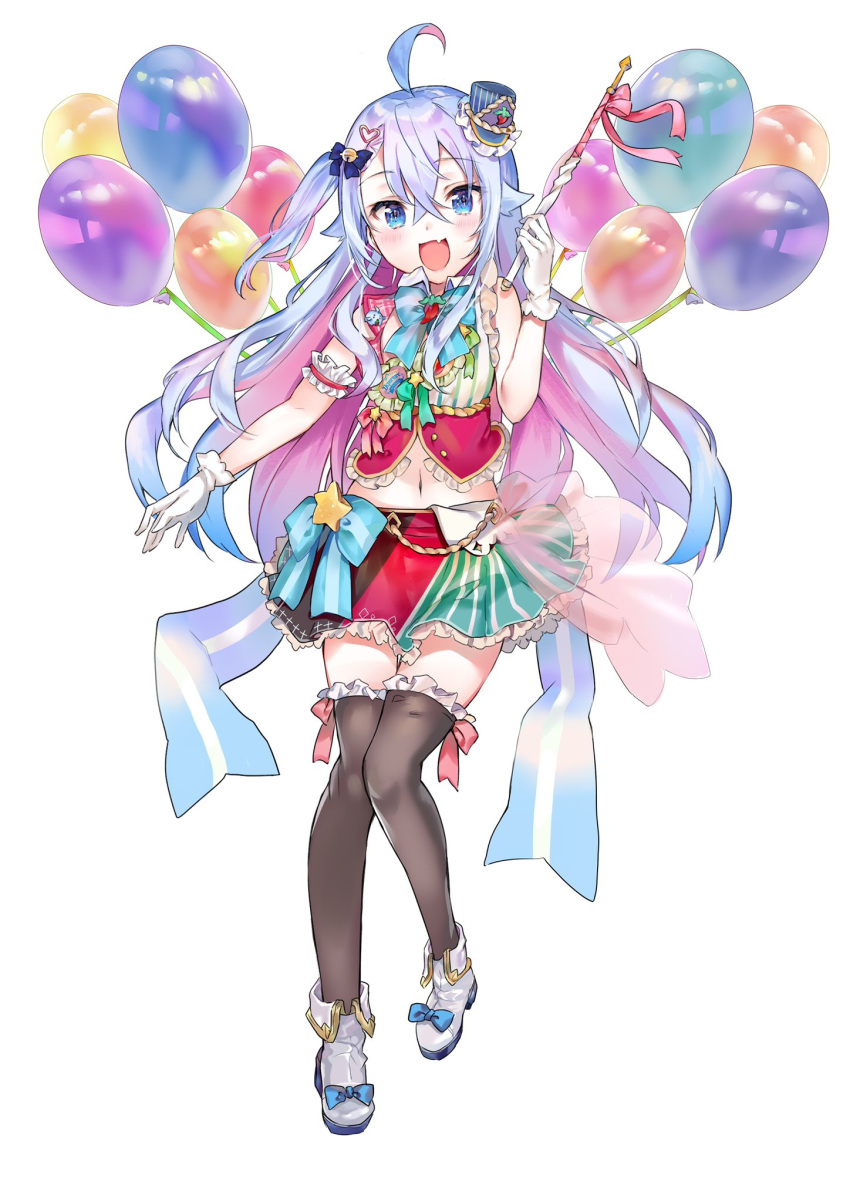 1girl, :d, ahoge, asymmetrical_hair, badge, balloon, bare_shoulders, bell