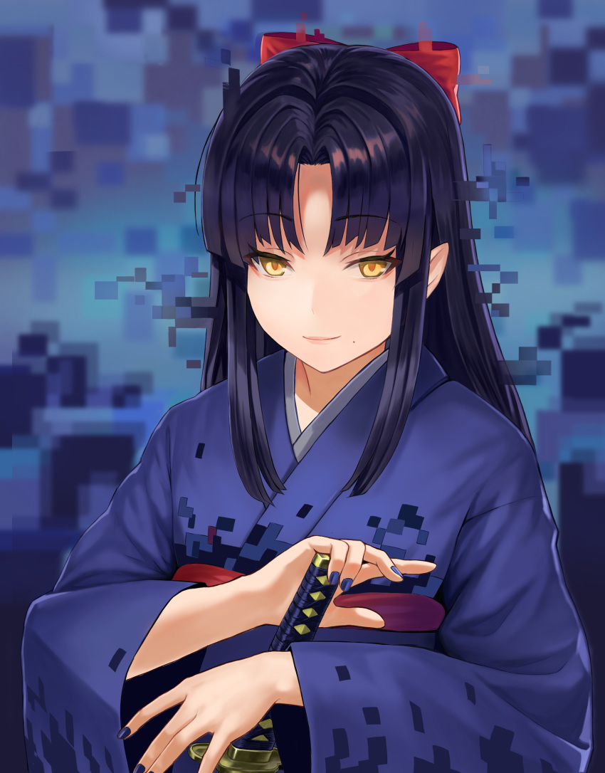 1girl, black_hair, bow, commentary, hair_bow, highres, hirono_(hxze4434), holding