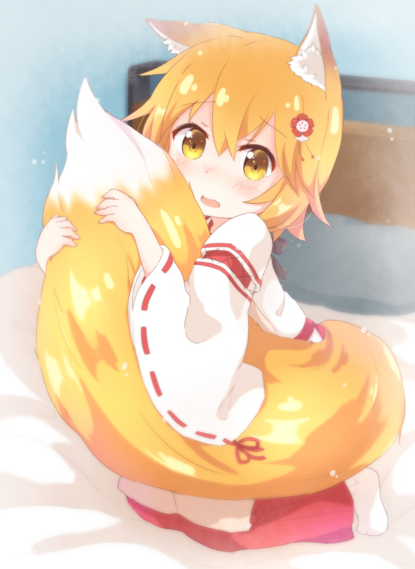 1girl, animal_ear_fluff, animal_ears, apron, araki495, bangs, bed, blonde_hair