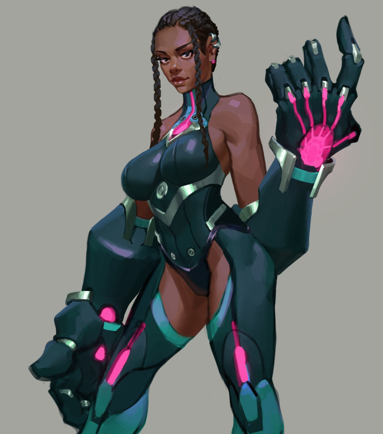 1girl, black_eyes, black_hair, braid, breasts, come_at_me_bro, commentary, cornrows