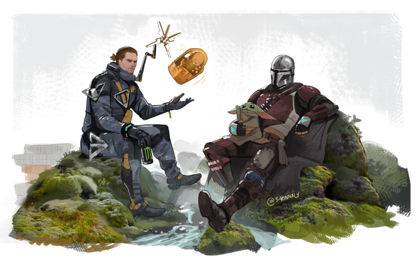 1other, 3boys, baby, cape, crossover, death_stranding, full_body, helmet, highres, jumpsuit, male_focus, monster_energy, multiple_boys, norman_reedus, product_placement, reclining, sam_porter_bridges, sara_kinnaly, sitting, star_wars, telekinesis, the_child_(star_wars), the_mandalorian, the_mandalorian_(character)