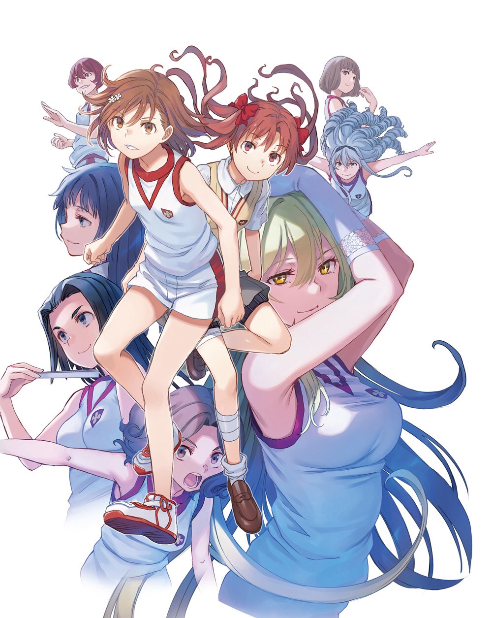 6+girls, arms_up, astral_buddy, awatsuki_maaya, bangs, black_hair, blonde_hair, blu-ray_cover, blue_eyes, bow, breasts, brown_eyes, brown_hair, closed_mouth, cover, drill_hair, elbow_gloves, fading, fan, folding_fan, fuyukawa_motoi, gloves, gym_uniform, hair_between_eyes, hair_bow, hair_ornament, hair_ribbon, highres, hokaze_junko, kirifu_megumi, kobayashi_satori, kongou_mitsuko, lace, lace-trimmed_gloves, large_breasts, long_hair, looking_at_viewer, medium_breasts, misaka_mikoto, multiple_girls, official_art, open_mouth, orange_eyes, ribbon, school_uniform, shirai_kuroko, shokuhou_misaki, short_hair, silver_hair, simple_background, sleeveless, smile, spider_web_print, to_aru_kagaku_no_railgun, to_aru_majutsu_no_index, tokiwadai_school_uniform, twintails, wannai_kinuho, white_background