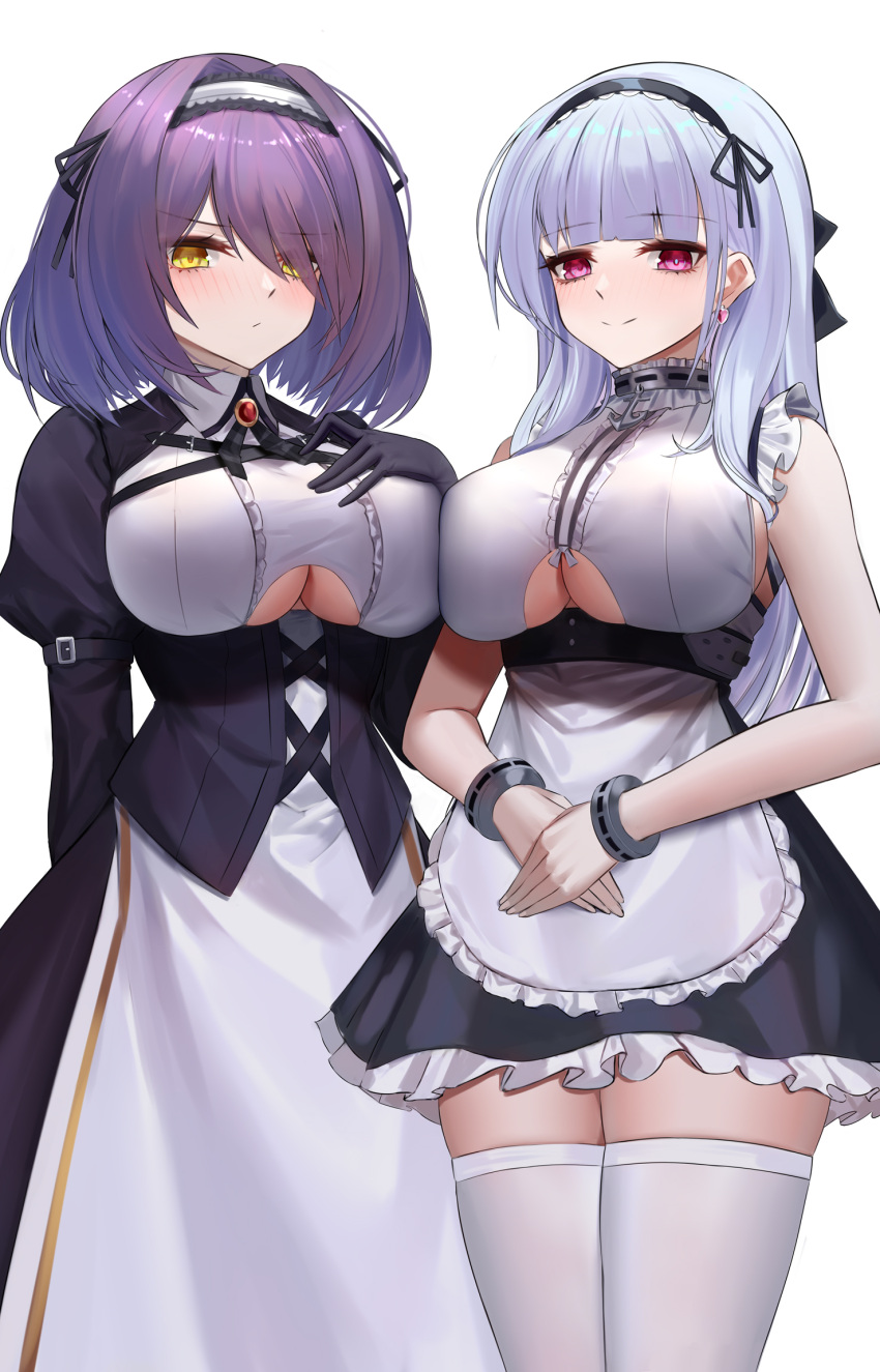 2girls, apron, azur_lane, bangs, bare_shoulders, black_dress, black_hairband, black_skirt