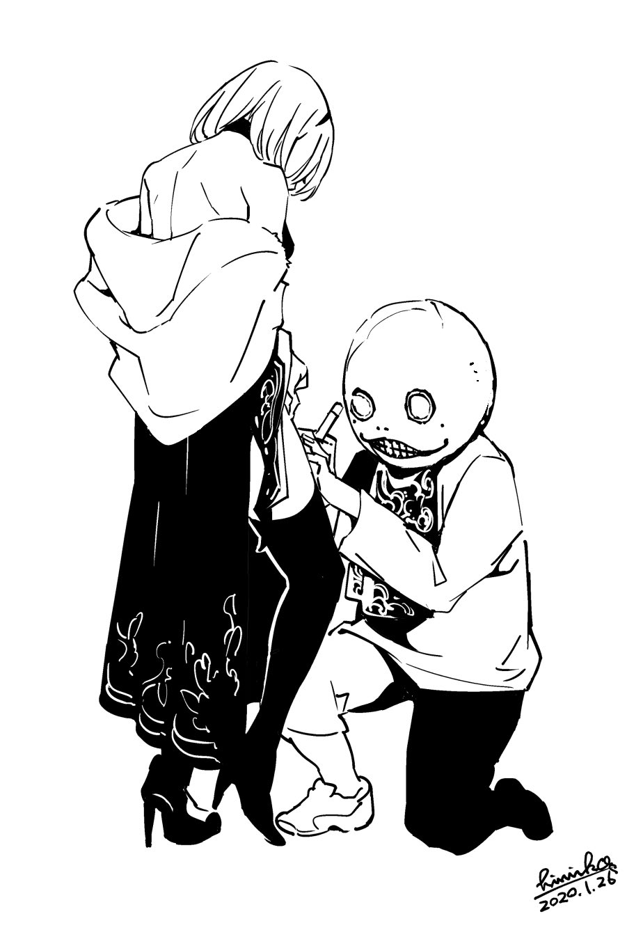 1boy, 1girl, back, bare_shoulders, breasts, greyscale, hairband, headwear