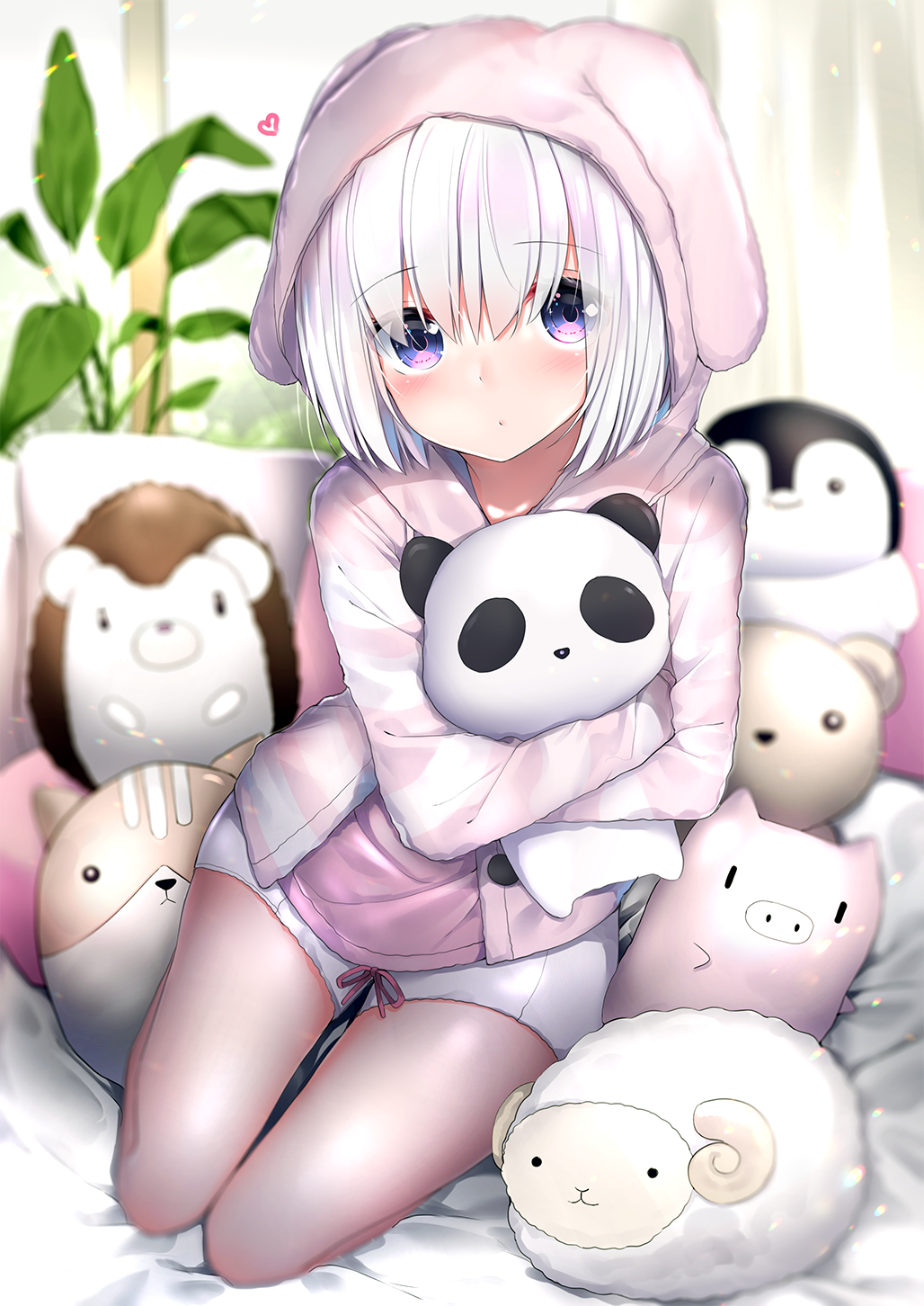 1girl, animal_ears, animal_hood, bangs, bed_sheet, blurry, blurry_background, blush, bunny_hood, closed_mouth, commentary_request, depth_of_field, eyebrows_visible_through_hair, fake_animal_ears, hair_between_eyes, heart, highres, hood, hood_up, hooded_jacket, jacket, looking_at_viewer, loungewear, neku_(neku_draw), object_hug, original, pink_shirt, rabbit_ears, shirt, short_hair, short_shorts, shorts, solo, striped_jacket, stuffed_animal, stuffed_dog, stuffed_hedgehog, stuffed_panda, stuffed_penguin, stuffed_pig, stuffed_shark, stuffed_toy, teddy_bear, violet_eyes, white_hair, white_shorts