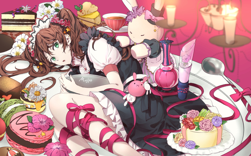 1boy, apron, artist_name, black_dress, blush, brown_hair, cake, commentary_request