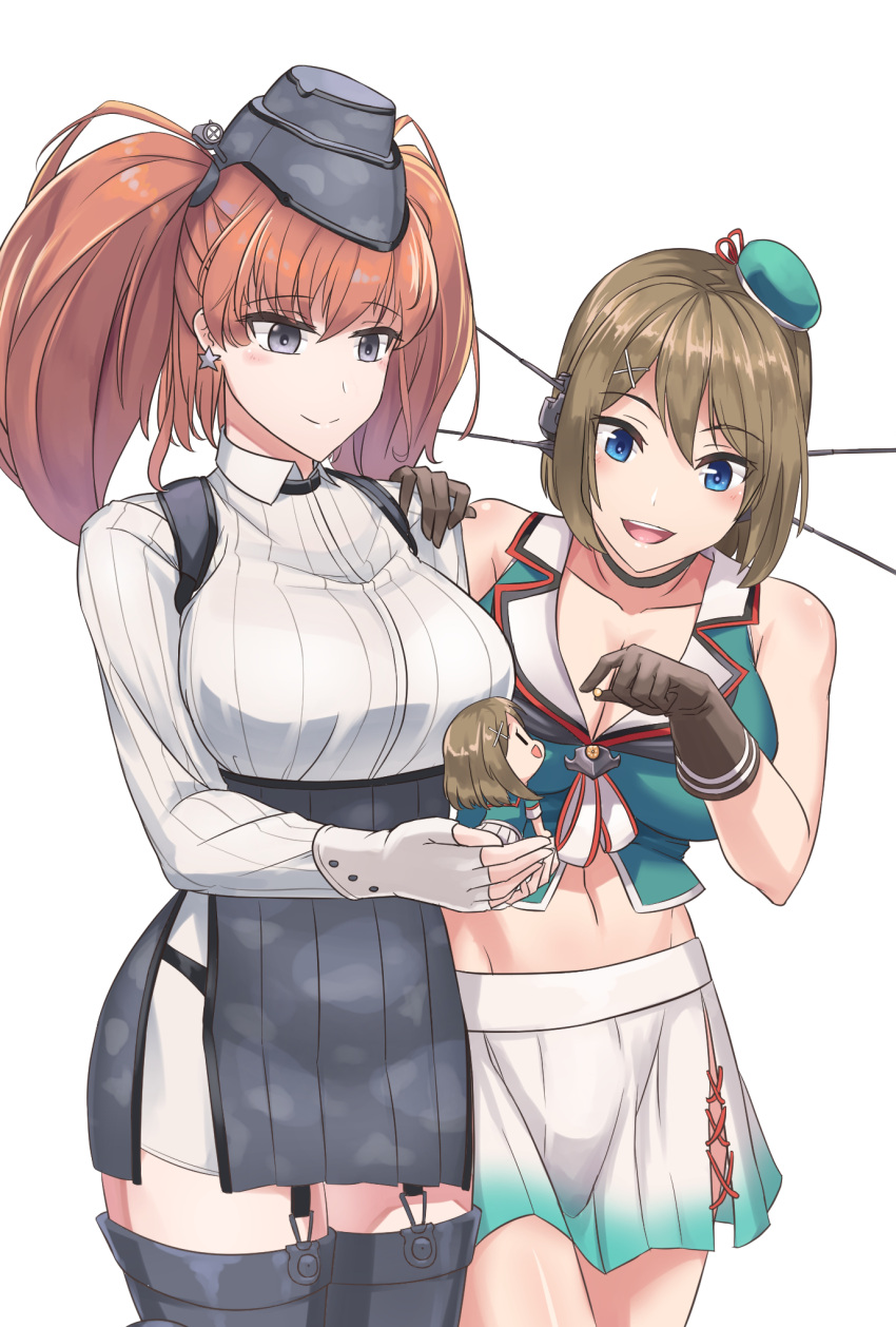 2girls, atlanta_(kantai_collection), bangs, beret, black_gloves, blue_eyes, blush, breasts, brown_hair, closed_mouth, collarbone, earrings, eyebrows_visible_through_hair, fairy_(kantai_collection), feeding, fingerless_gloves, garrison_cap, garter_straps, gloves, grey_eyes, hair_ornament, hairpin, hand_on_another's_shoulder, hat, hat_ribbon, headgear, high-waist_skirt, highres, jewelry, jiguang_zhi_aoluola, kantai_collection, large_breasts, long_sleeves, maya_(kantai_collection), midriff, mini_hat, multiple_girls, navel, open_mouth, overalls, remodel_(kantai_collection), ribbon, shirt, short_hair, simple_background, skirt, sleeveless, smile, star, star_earrings, suspender_skirt, suspenders, twintails, white_gloves, white_shirt, x_hair_ornament