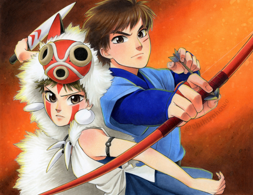 1boy, 1girl, arrow, ashitaka, bow_(weapon), breasts, brown_eyes, brown_hair