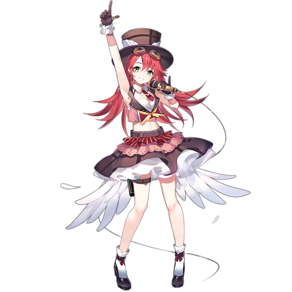 1girl, alternate_costume, alternate_eye_color, arm_up, armpits, bangs, belt, blush, breasts, cable, cropped_jacket, cropped_shirt, detached_collar, eyebrows_visible_through_hair, girls_frontline, gloves, goggles, goggles_on_head, green_eyes, hat, high_heels, hk45_(girls_frontline), holding, holding_microphone, holster, idol, index_finger_raised, layered_skirt, long_hair, looking_at_viewer, medium_breasts, microphone, midriff, multicolored, multicolored_clothes, navel, official_art, pinky_out, sheska_xue, sidelocks, skirt, sleeveless, sleeveless_jacket, smile, socks, solo, standing, stomach, thigh_holster, thigh_strap, top_hat, transparent_background, white_legwear