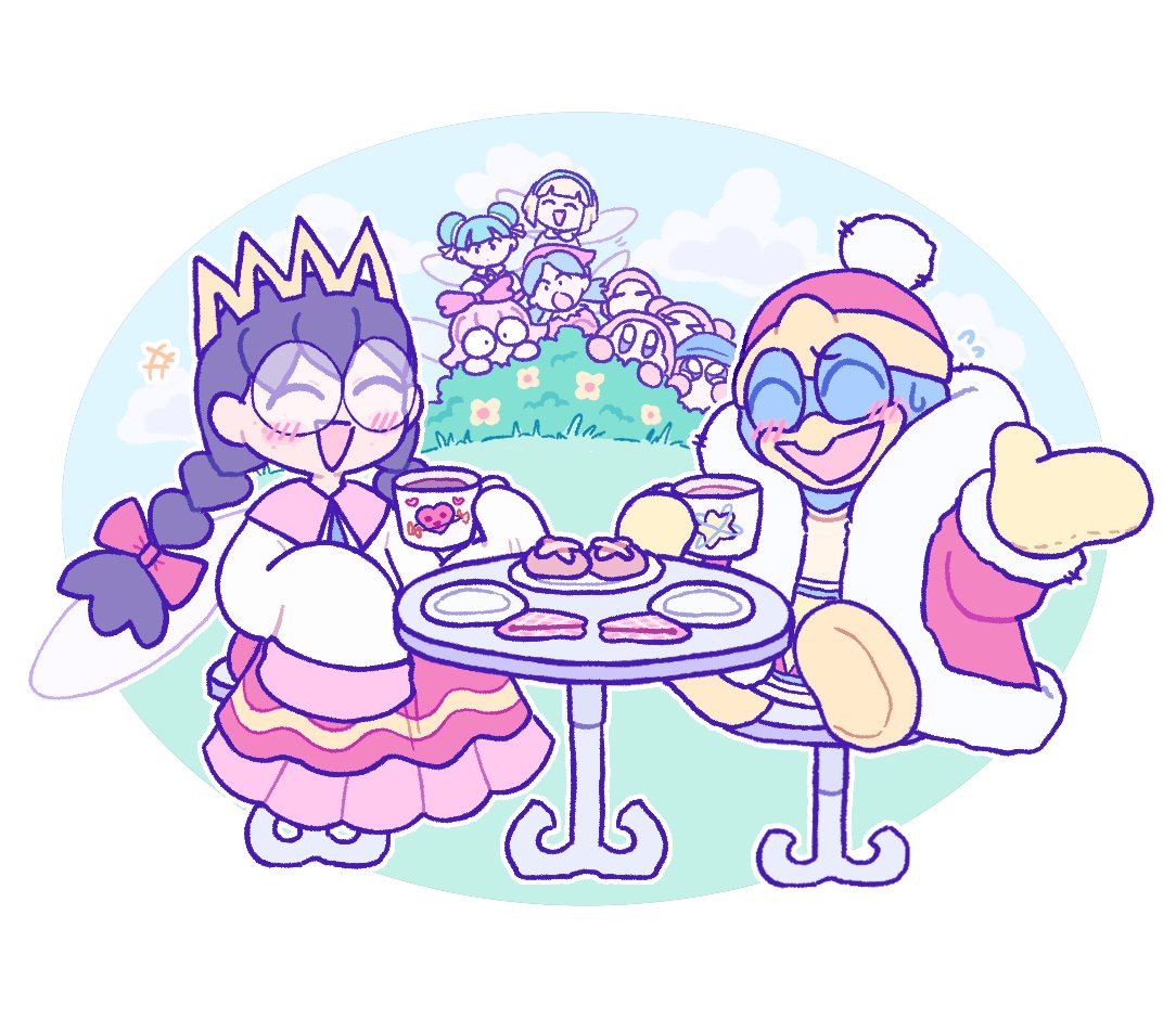 1boy, 5girls, bandana_waddle_dee, black_hair, blush, braid, bush, chair