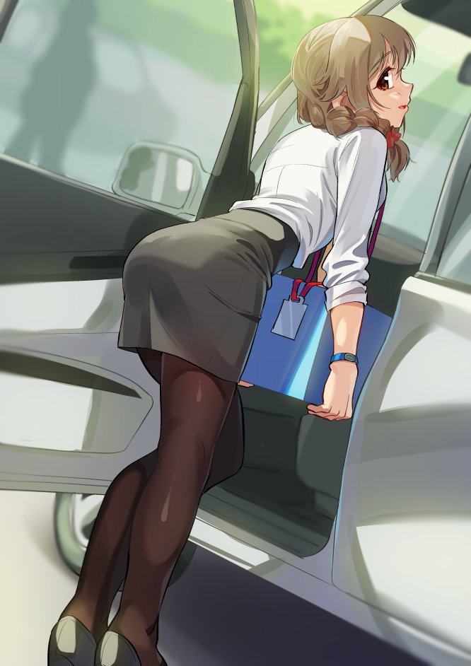 1girl, ass, box, braid, brown_eyes, brown_hair, car, carrying