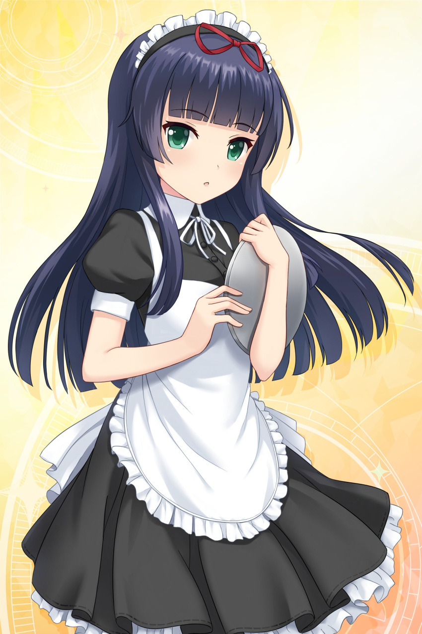 1girl, absurdres, alternative_girls, apron, blue_hair, blush, green_eyes, hair_ribbon