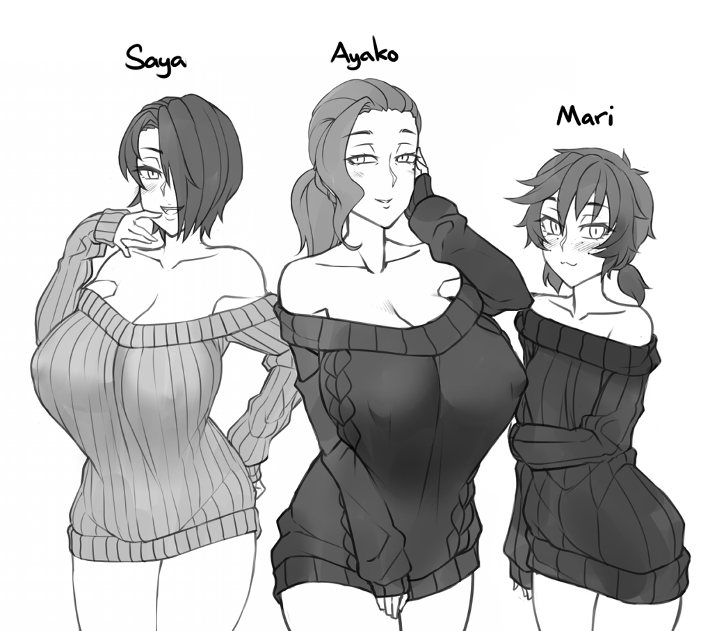 3girls, :3, :d, alternate_hairstyle, aran_sweater, arm_at_side, arm_under_breasts, ayako_(twrlare), bare_shoulders, black_sweater, blush, breasts, character_name, collarbone, commentary, covered_nipples, cowboy_shot, english_commentary, eyebrows_visible_through_hair, eyes_visible_through_hair, forehead, freckles, greyscale, hair_over_one_eye, hand_on_hip, hand_on_own_cheek, hand_to_own_mouth, hand_up, huge_breasts, long_hair, long_sleeves, looking_at_viewer, low_twintails, mari_(twrlare), mature, mole, mole_under_eye, monochrome, mother_and_daughter, mouth_visible_through_hair, multiple_girls, no_pants, off-shoulder_sweater, off_shoulder, open_mouth, original, parted_lips, ponytail, ribbed_sweater, saya_(twrlare), short_hair, short_twintails, siblings, simple_background, single_bare_shoulder, sisters, sleeves_past_wrists, smile, sweater, twintails, twrlare, white_background