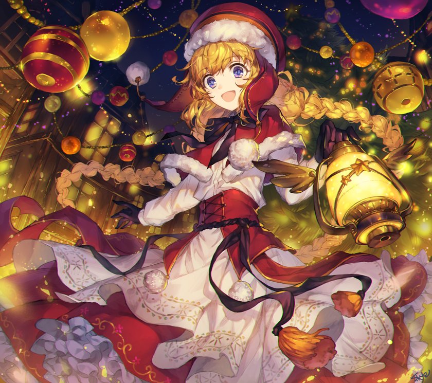 1girl, :d, black_gloves, blonde_hair, braid, building, capelet, christmas