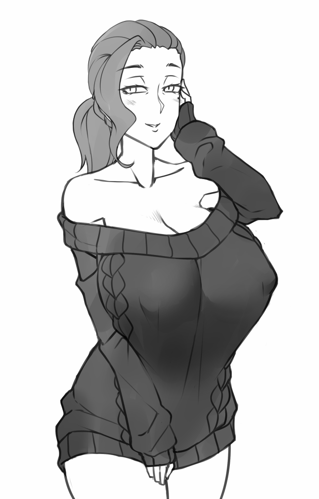 1girl, aran_sweater, ayako_(twrlare), bare_shoulders, black_sweater, bottomless, breasts, collarbone