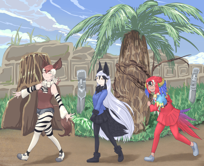 3girls, :d, ^_^, animal_ears, bare_shoulders, belt, bird_tail, bird_wings