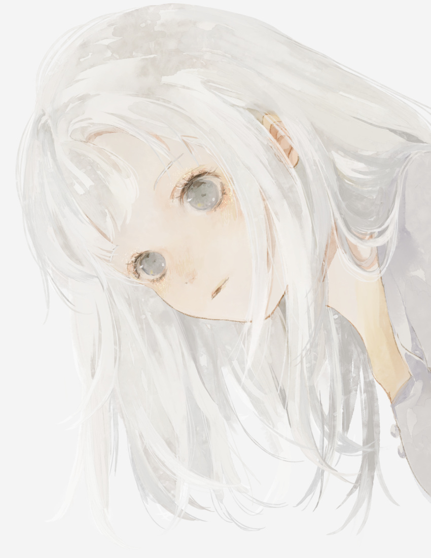 1girl, bangs, closed_mouth, commentary, glitter, grey_background, grey_eyes, highres