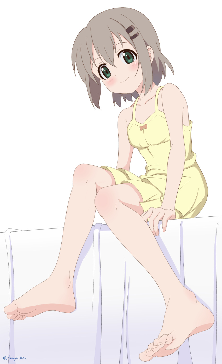 1girl, absurdres, barefoot, chemise, dress, green_eyes, grey_hair, hair_ornament