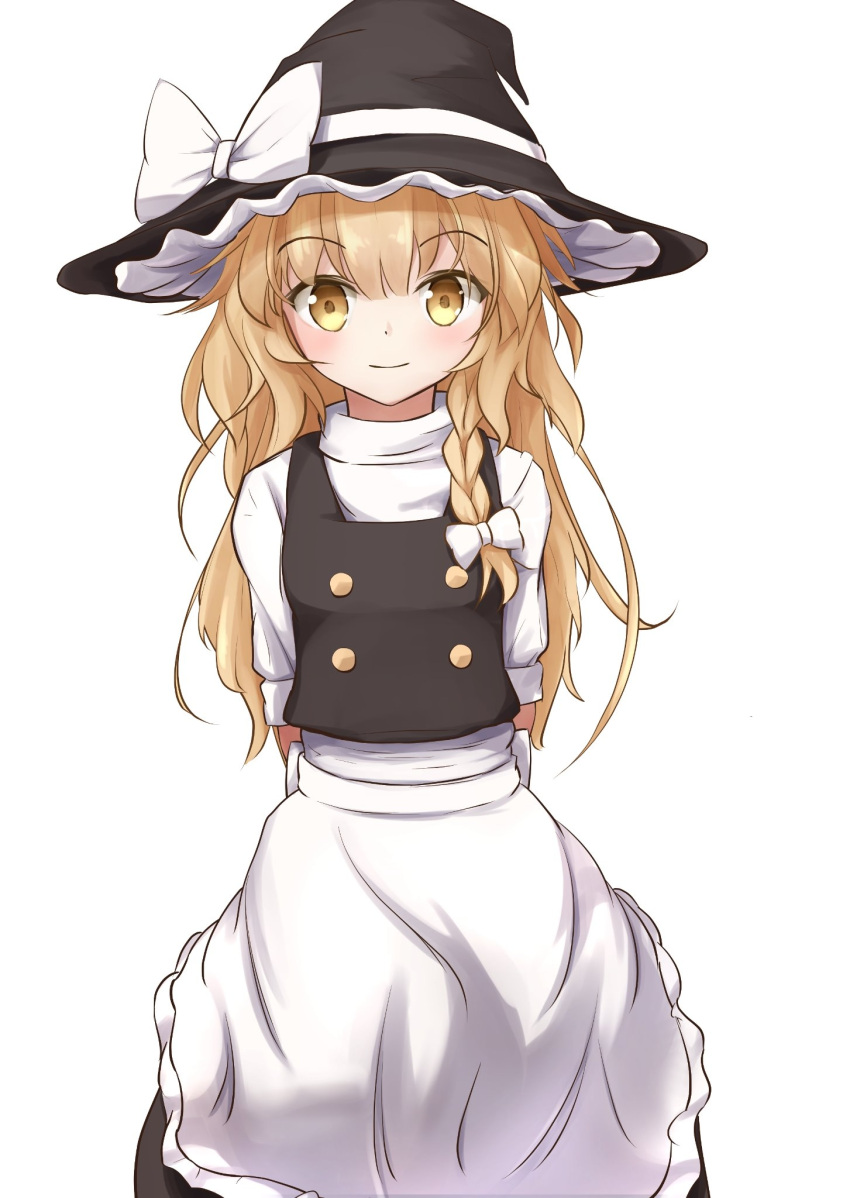 1girl, apron, arms_behind_back, bangs, black_headwear, black_shirt, black_vest, blonde_hair, blush, braid, commentary_request, cowboy_shot, eyebrows_visible_through_hair, hair_between_eyes, hair_ribbon, hat, hat_ribbon, highres, kirisame_marisa, light_smile, long_hair, looking_at_viewer, partial_commentary, resa_7z_(resastr), ribbon, shirt, short_sleeves, simple_background, single_braid, solo, standing, touhou, tress_ribbon, very_long_hair, vest, waist_apron, white_background, white_shirt, witch_hat, yellow_eyes