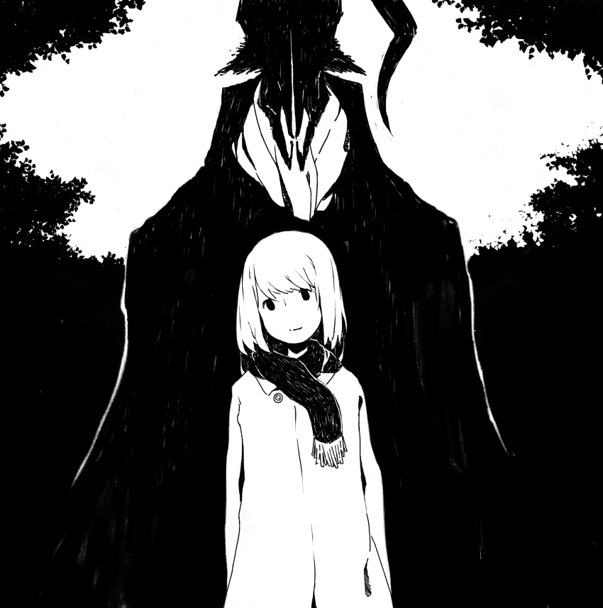 1girl, 1other, absurdres, arms_at_sides, black_eyes, black_scarf, day, greyscale