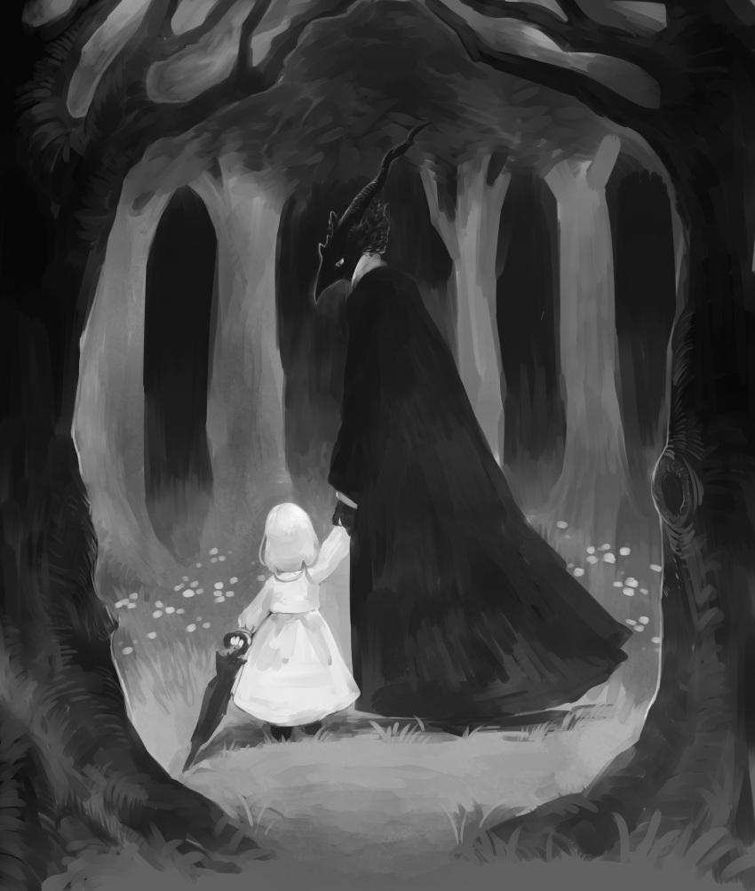 1girl, 1other, absurdres, black_umbrella, closed_umbrella, dress, facing_away, forest, grass, greyscale, highres, holding_hands, horns, ito_(silva), monochrome, nature, outdoors, robe, sensei_(totsukuni_no_shoujo), shiva_(totsukuni_no_shoujo), standing, totsukuni_no_shoujo, tree, umbrella, white_dress, white_hair