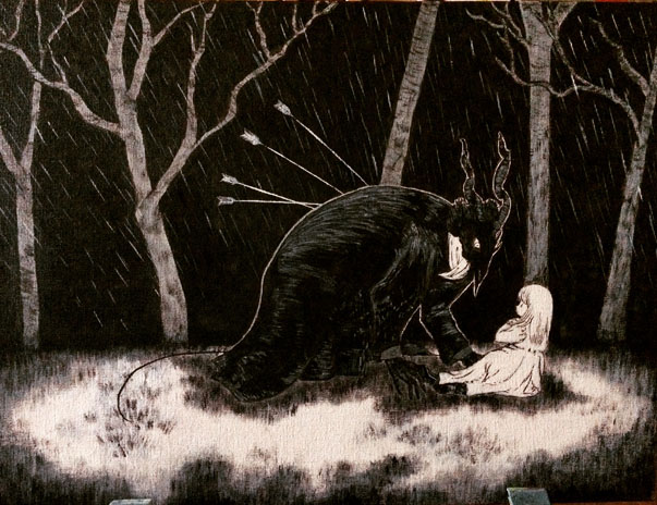 1girl, 1other, acrylic_paint_(medium), arrow_in_body, bare_tree, calligraphy_brush_(medium), forest, greyscale, horns, minazqy, monochrome, nature, outdoors, sensei_(totsukuni_no_shoujo), shiva_(totsukuni_no_shoujo), sitting, tail, totsukuni_no_shoujo, traditional_media, tree