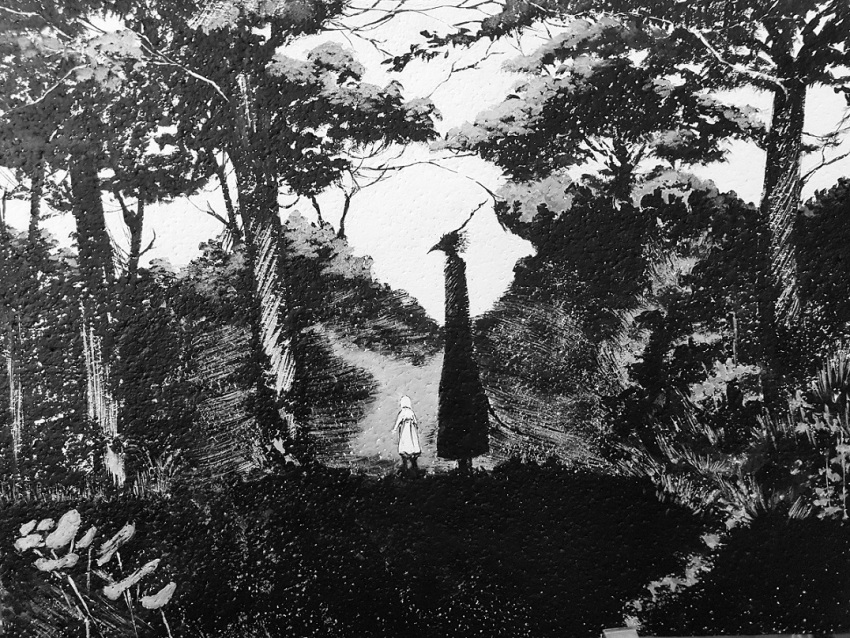 1girl, 1other, day, millipen_(medium), minazqy, monochrome, outdoors, sensei_(totsukuni_no_shoujo)