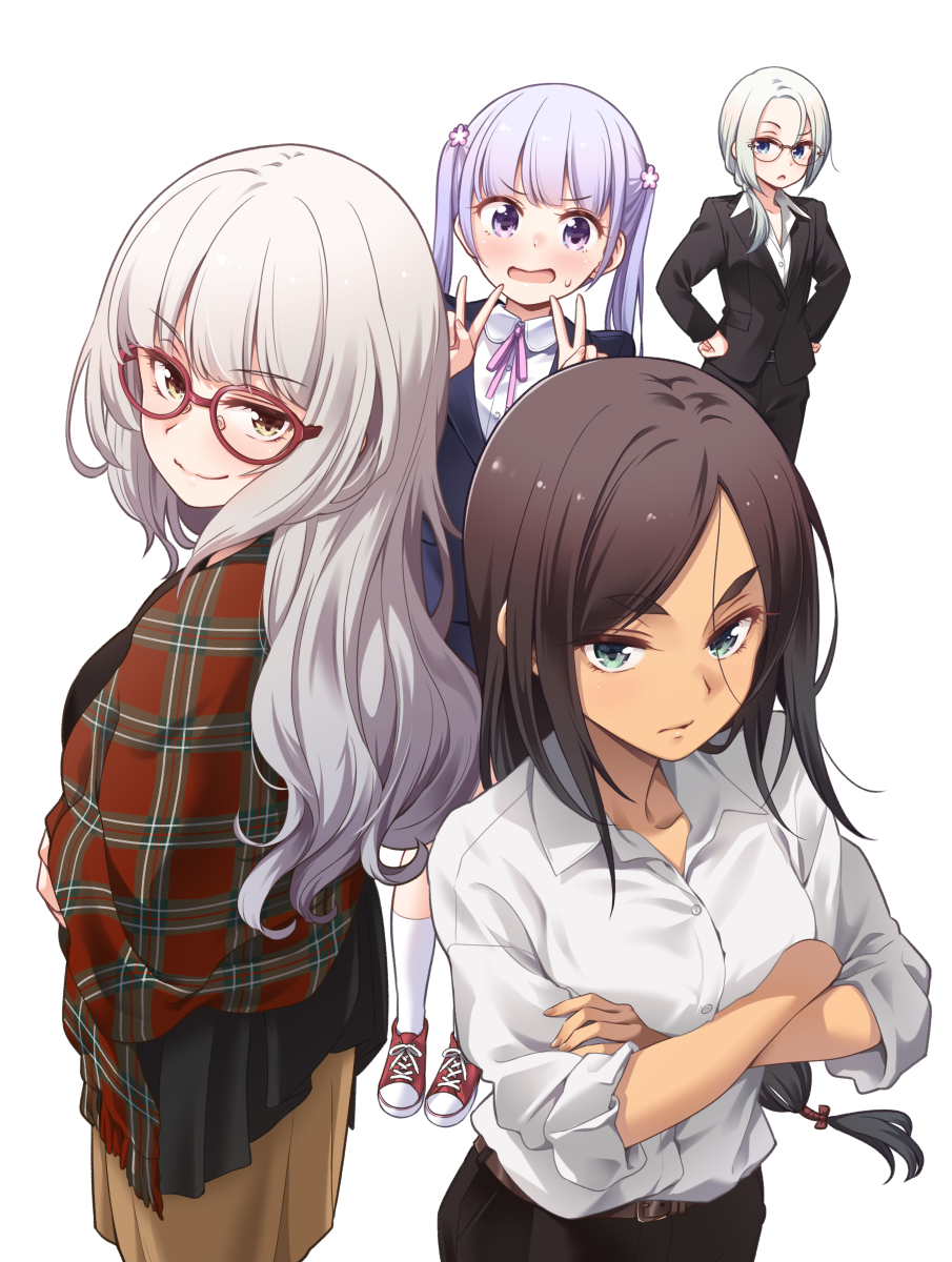 4girls, ahagon_umiko, blush, breasts, brown_hair, closed_mouth, dark_skin, double_v, eyebrows_visible_through_hair, glasses, grey_hair, hands_on_hips, hazuki_shizuku, highres, long_hair, looking_at_viewer, medium_breasts, medium_hair, multiple_girls, new_game!, official_art, ponytail, purple_hair, red-framed_eyewear, smile, suzukaze_aoba, tokunou_shoutarou, twintails, v, violet_eyes, yamato_christina_wako