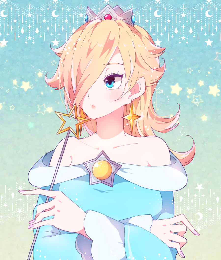1girl, blonde_hair, blue_background, blue_dress, blue_eyes, closed_mouth, collarbone, crossed_arms