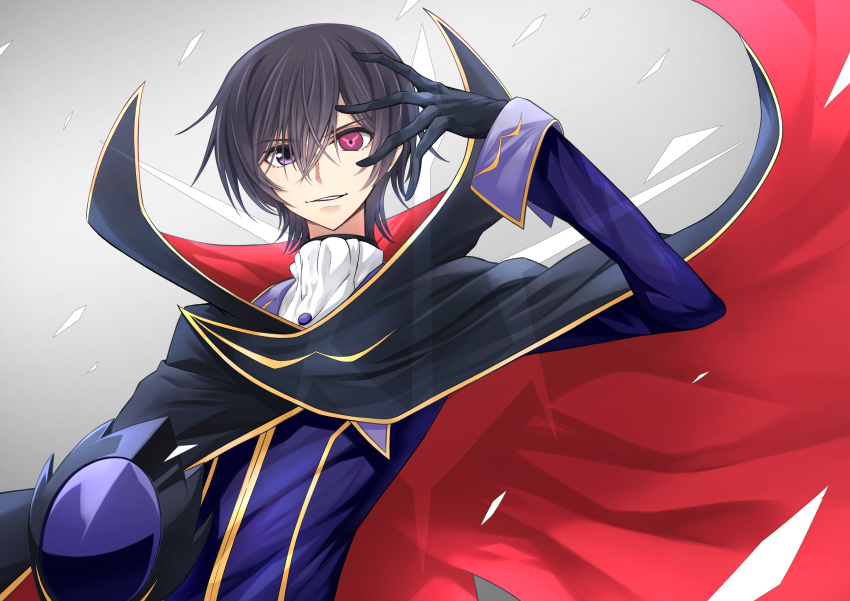 1boy, absurdres, bangs, black_gloves, black_hair, cape, code_geass, eyebrows_visible_through_hair