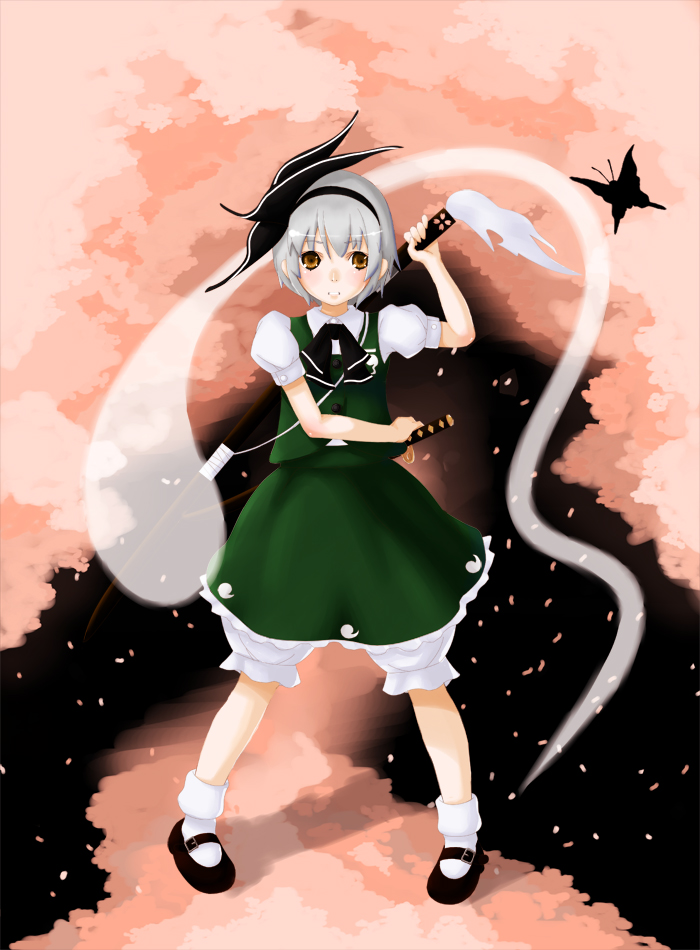 ghost, hitodama, katana, konpaku_youmu, konpaku_youmu_(ghost), myon, petals, ready_to_draw